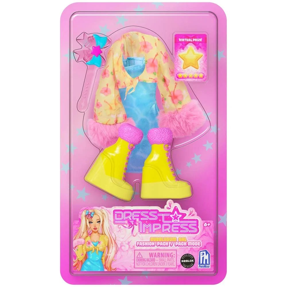 Verpackung Fashion Pack mit gelber Blumenjacke, blauem Kleid und gelben Stiefeln