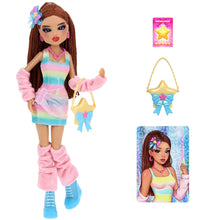 Pastel rainbow mini dress with pink fuzzy leg warmers and blue boots