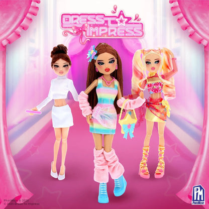 Rainbow gradient sleeveless dress with pink fuzzy boots and necklace; doll outfit