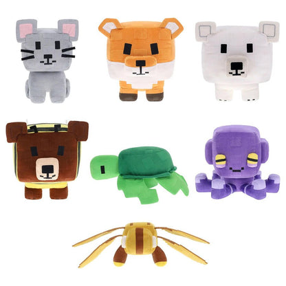 7-pack blind plush characters: gray, orange, white, brown, green, purple, yellow spider