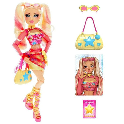 Bubblegum Gal accessories: star purse, goggles, and multicolor crop-top skirt outfit