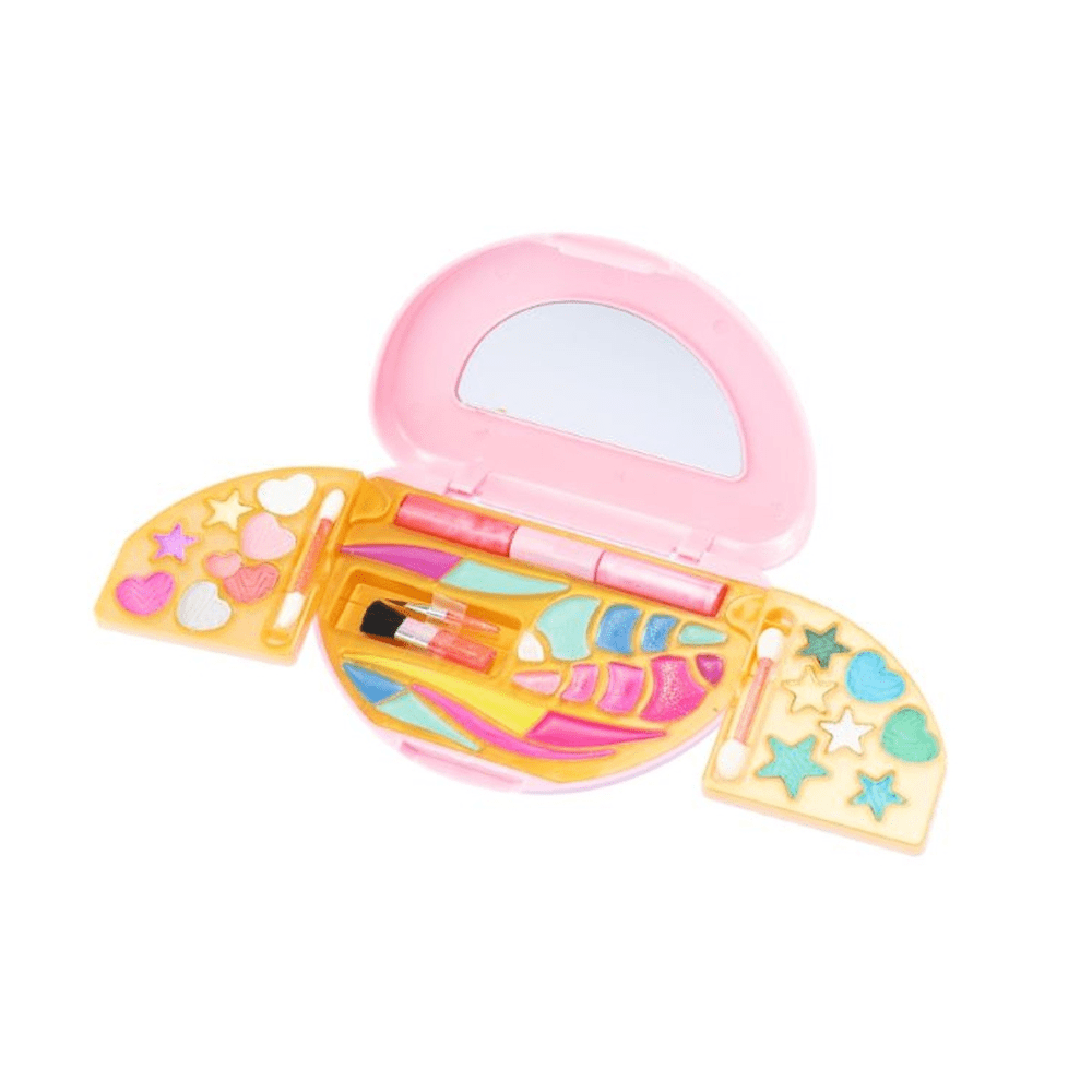 Open pink mini makeup case with colorful brushes, palette, and tools inside