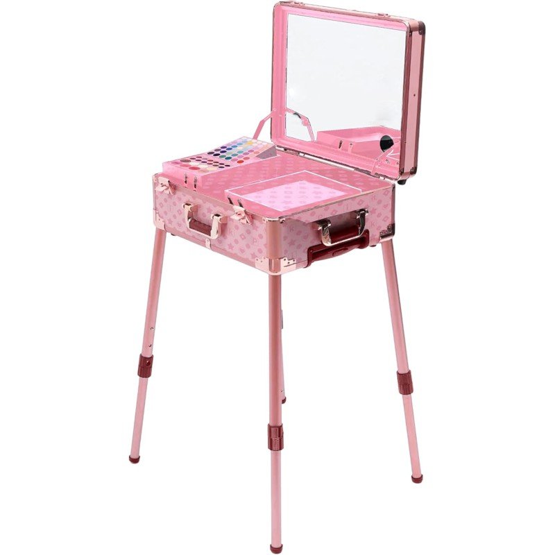 Makeup-Designer-Spielset: rosafarbene Schminkstation mit geöffneter Ablage und Spiegel