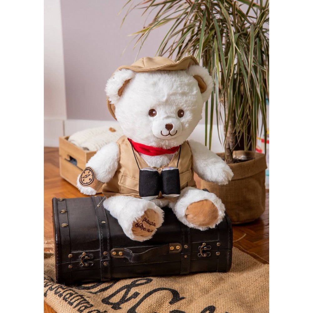 White bear plush in tan hooded jacket with red scarf and black front pouch