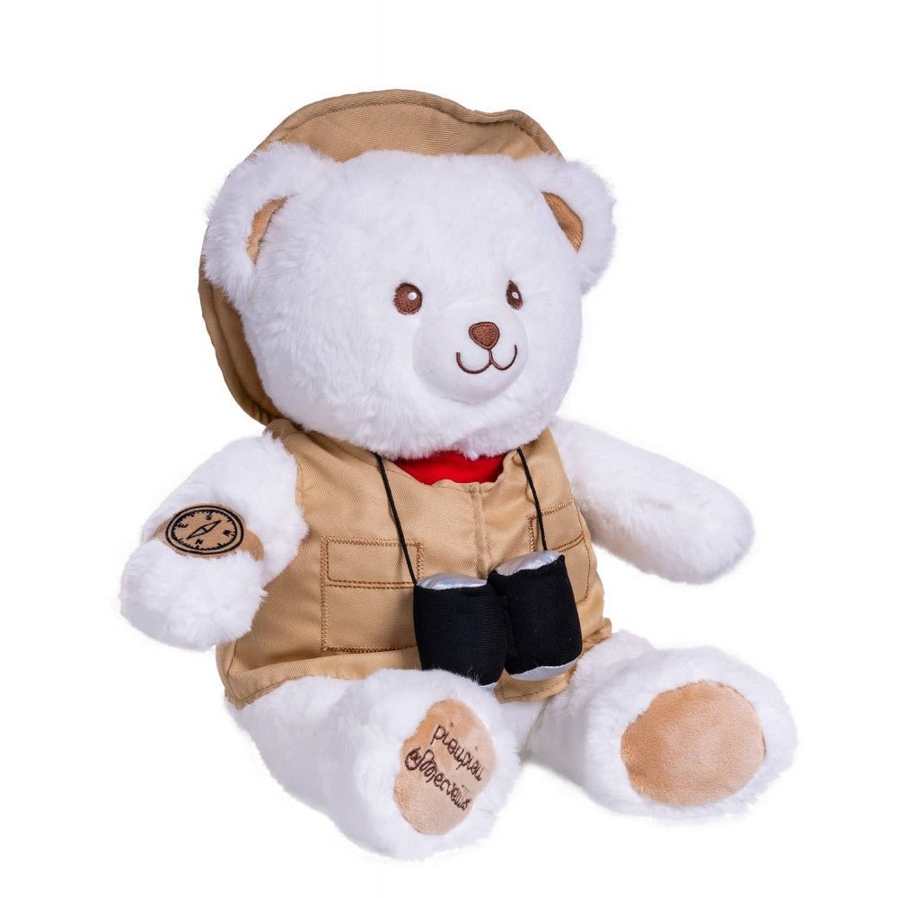 White bear plush in tan adventurer vest with red scarf and black satchel