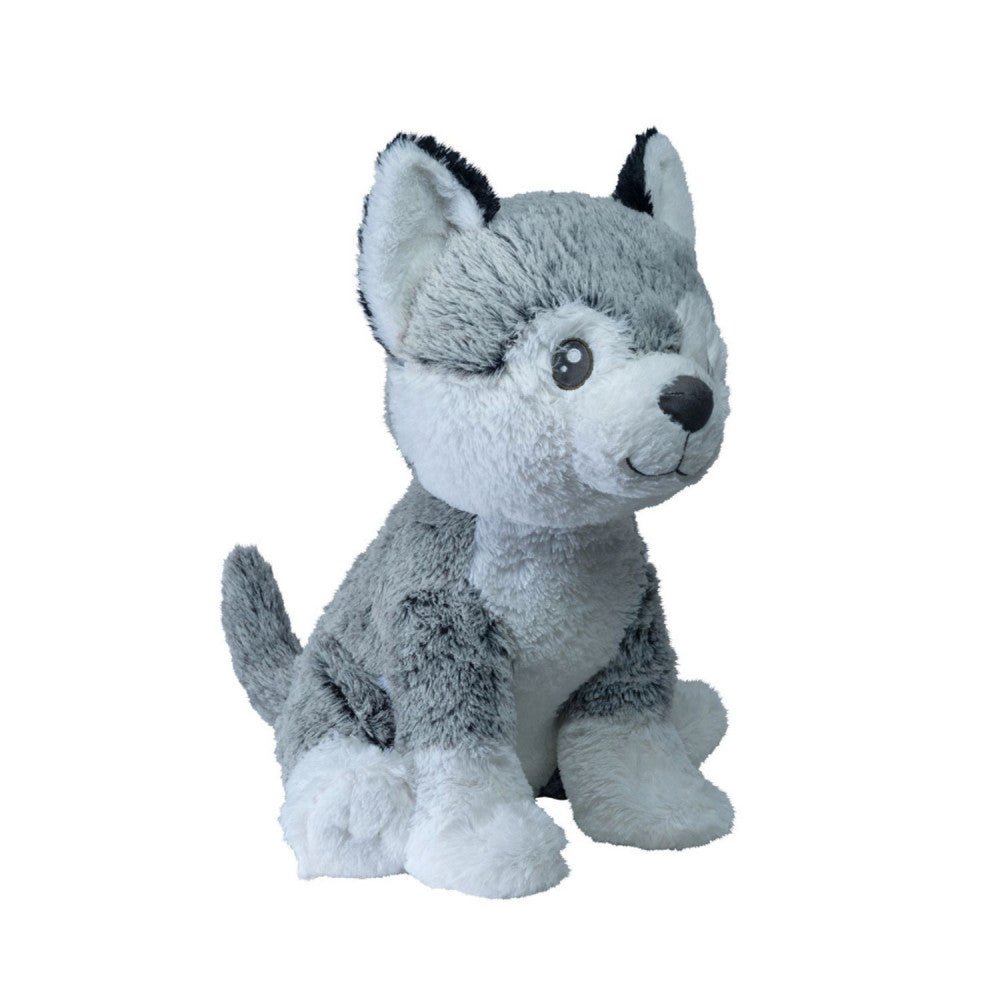 Husky plush toy, light gray and white fur, sitting with one paw lifted