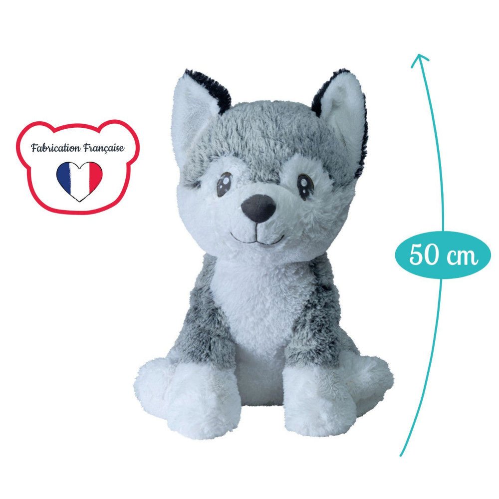 50 cm husky plush toy seated, light gray fur with white chest and paws