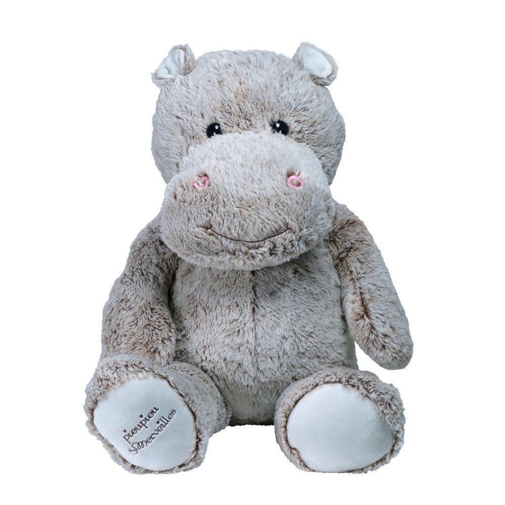 Giant gray plush hippo with pink blush cheeks and stitched smiling face, sitting
