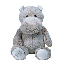 Giant gray plush hippo with pink blush cheeks and stitched smiling face, sitting