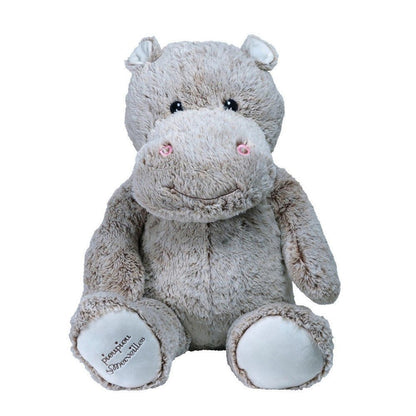 Giant gray plush hippo with pink blush cheeks and stitched smiling face, sitting