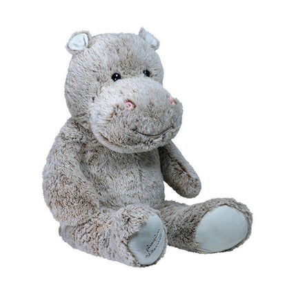 Giant gray plush hippo in side view, smiling with pink blush cheeks and floppy arms