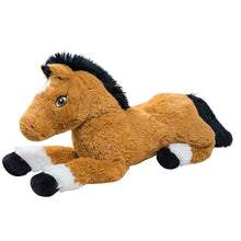 Giant plush horse with tan fur, black mane, and white muzzle and feet, lying down.