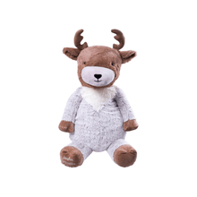 Plush reindeer toy with brown antlers, light gray fur, and white muzzle, sitting.
