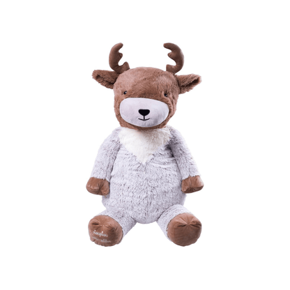 Plush reindeer toy with brown antlers, light gray fur, and white muzzle, sitting.