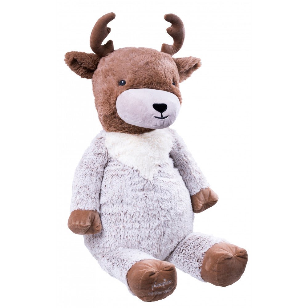 Plush reindeer toy with brown antlers and face, light gray body, white muzzle and belly.