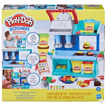 Play-Doh Busy Chef’s Restaurant playset box front, kitchen maker and molds