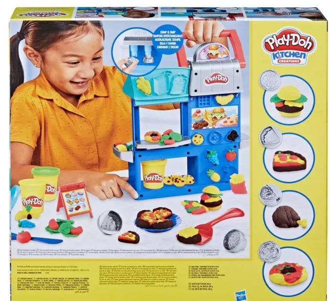 Play-Doh Kitchen Creations box back with child and restaurant playset features