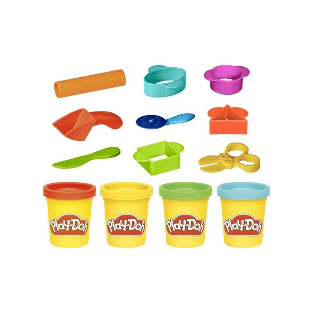 Four Play-Doh dough tubs and assorted sculpting tools