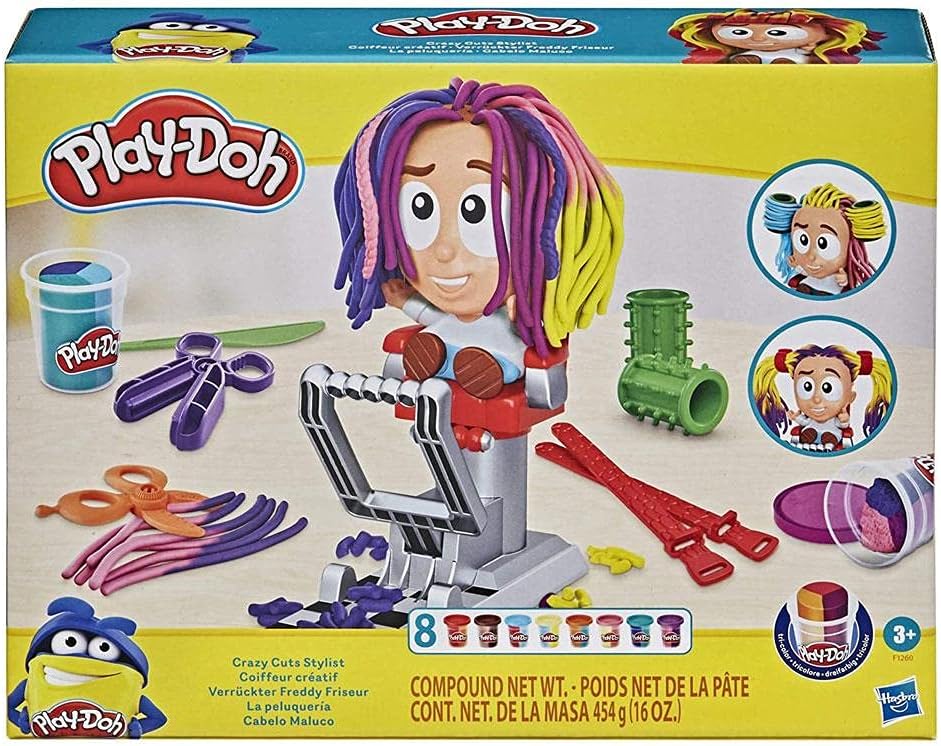Play-Doh Crazy Cuts stylist set box with purple-haired character and sculpting tools