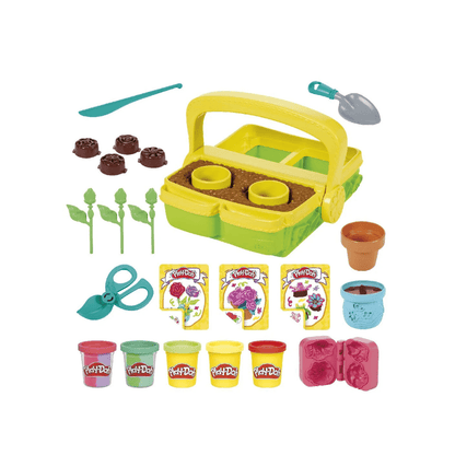 Blooming Flowers set pieces: green cart, flower molds, tools, and multiple clay colors