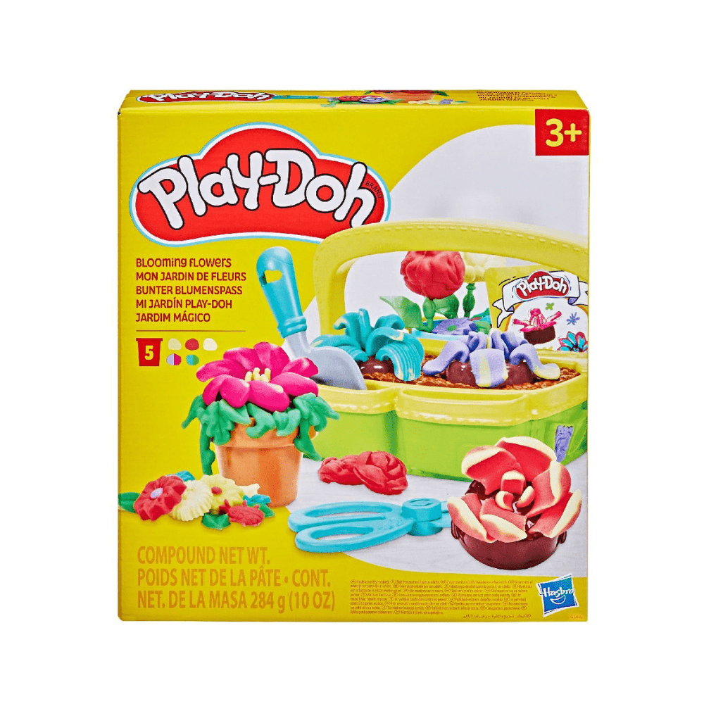 Play-Doh Blooming Flowers Toy Set box, yellow packaging with flower-making accessories