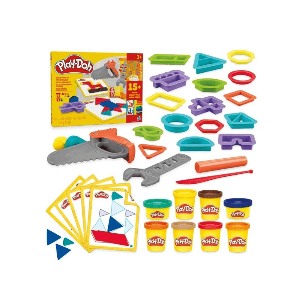 Build & Shape set contents: shape molds, cutter tool, modeling dough tubs, cards
