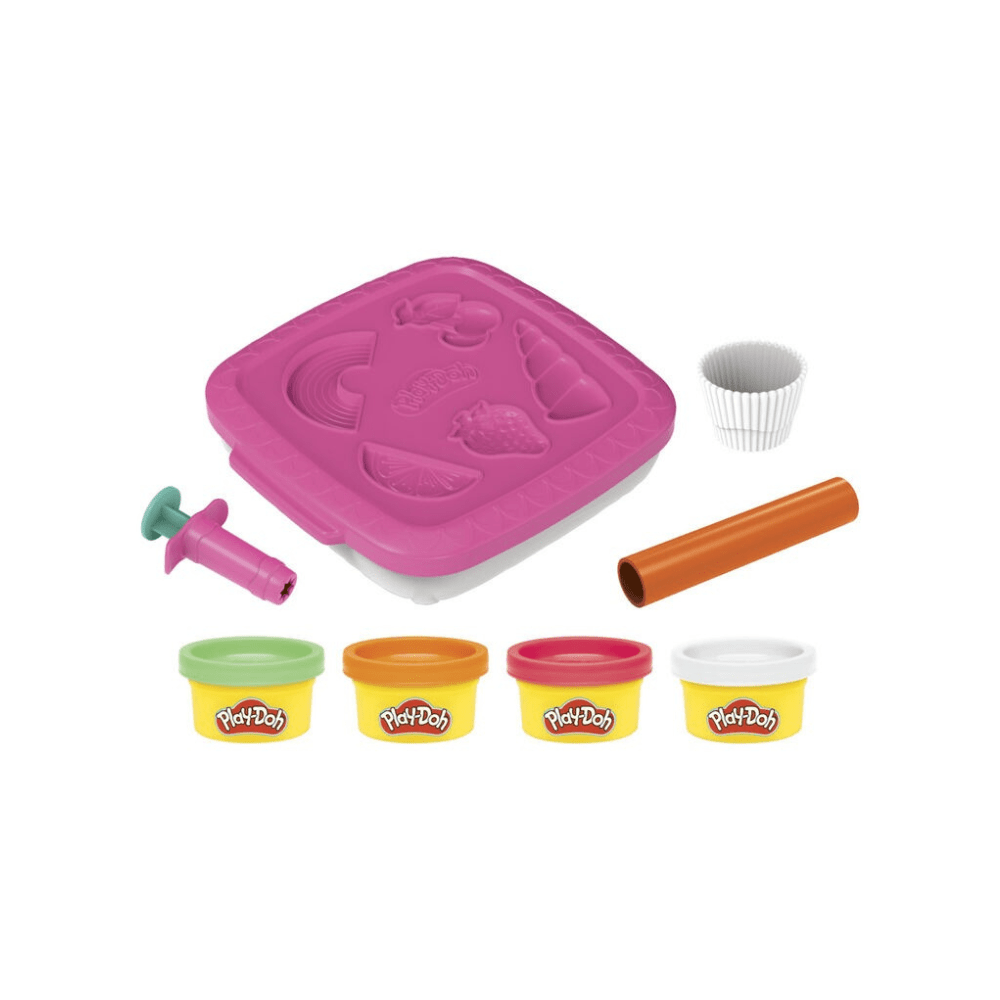 Purple cupcake mold, roller and cutters with four colored Play-Doh cups