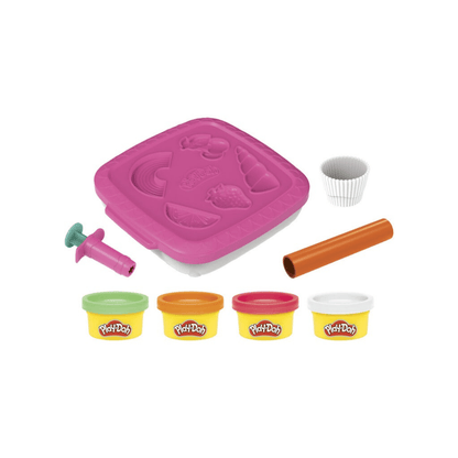 Purple cupcake mold, roller and cutters with four colored Play-Doh cups