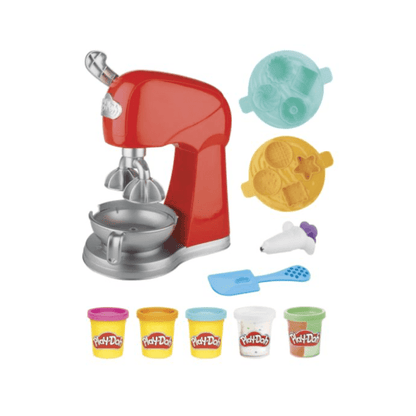 Red Play-Doh magical mixer with bowl, attachments, and five play dough tubs