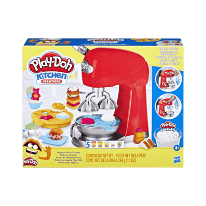 Play-Doh Kitchen Creations magical mixer playset box, red mixer and accessories