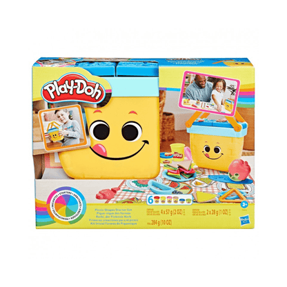 Play-Doh picnic shapes starter set box with smiley yellow bucket and accessories