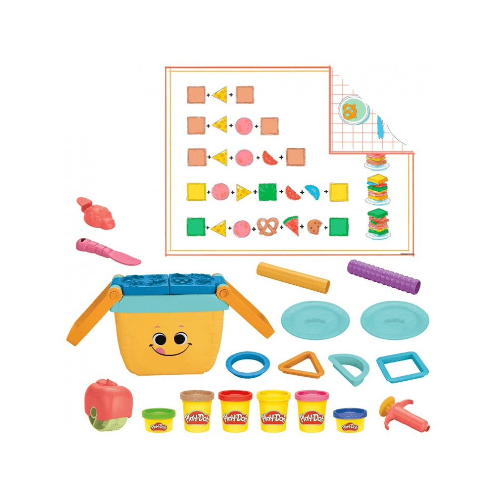 Picnic shapes play set contents with Play-Doh tools and molds, including yellow bucket