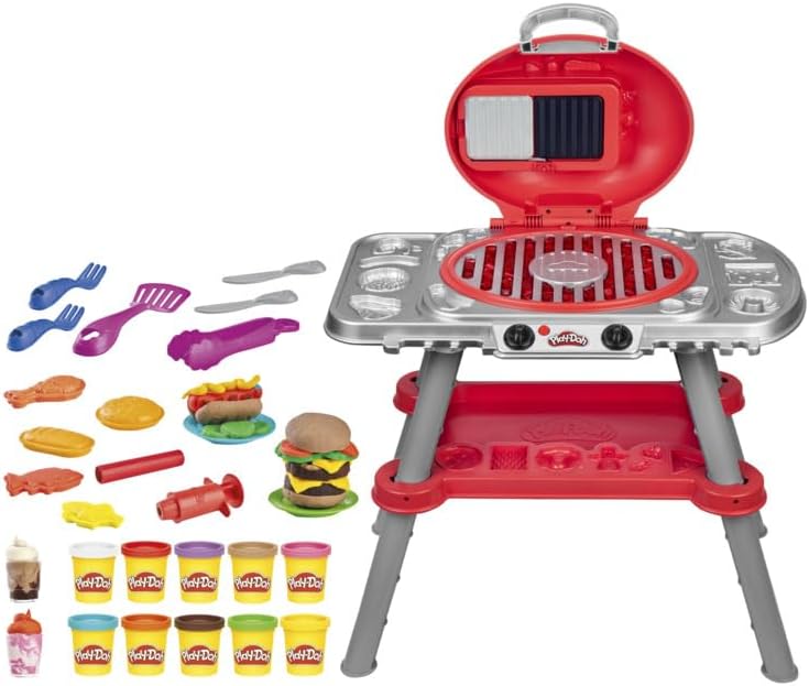 Roter Play-Doh Grillaufsatz mit geöffneter Platte, Knete-Zubehör und geformten Burger-Teilen