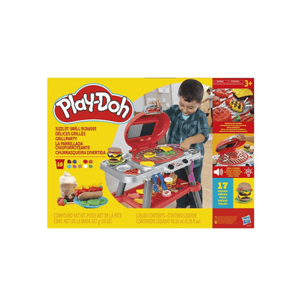 Verpackung: Play-Doh Sizzlin Grill Playset mit rotem Grill und Abbildung des Sets