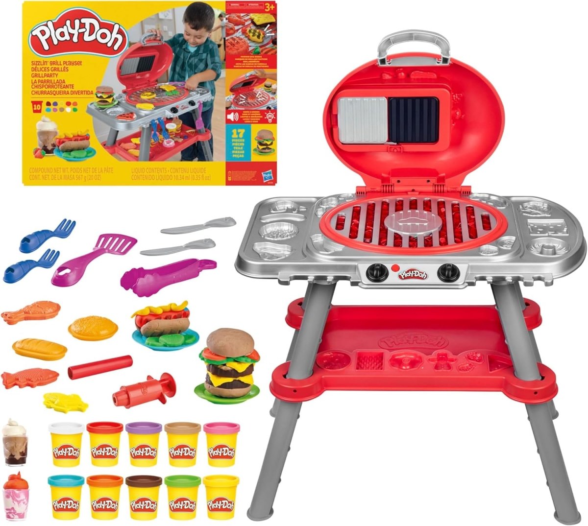 Play-Doh Sizzlin Grill Playset: roter Grill mit Zubehör, Zubehörformen und buntem Knet-Sortiment