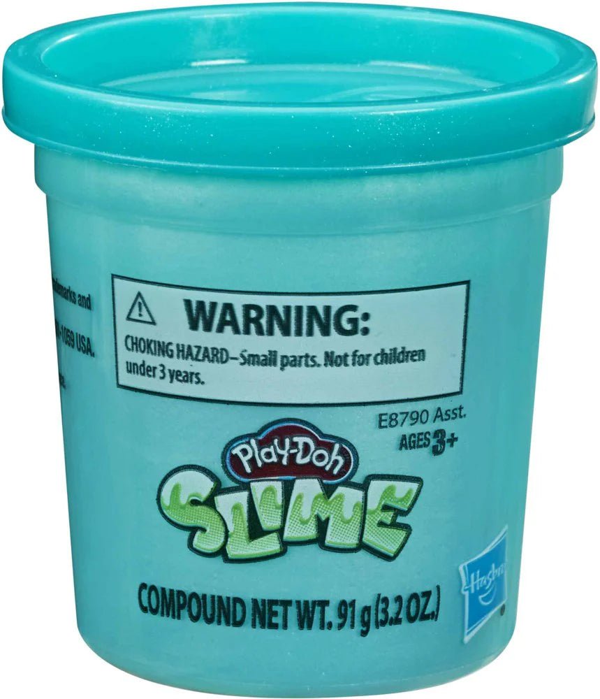 Teal plastic slime can with Play-Doh slime graphic and WARNING label