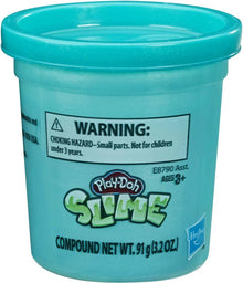 Teal plastic slime can with Play-Doh slime graphic and WARNING label