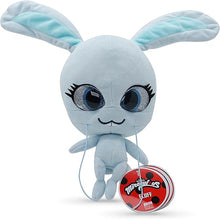 Light blue plush toy with big glitter eyes and floppy ears, holding a tag