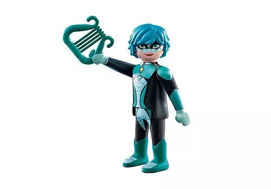 Blue-haired teal hero figure holding green harp-like accessory, standing pose