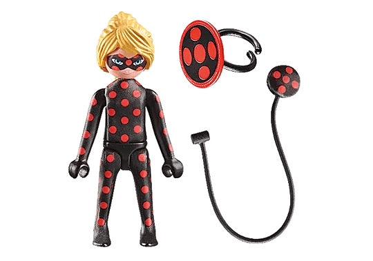 Ladybug heroine figure in black suit with red polka dots, with red-and-black accessory