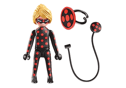 Ladybug heroine figure in black suit with red polka dots, with red-and-black accessory