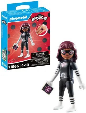 Playmobil boxed figure with purple hair, black suit, red goggles, small accessory