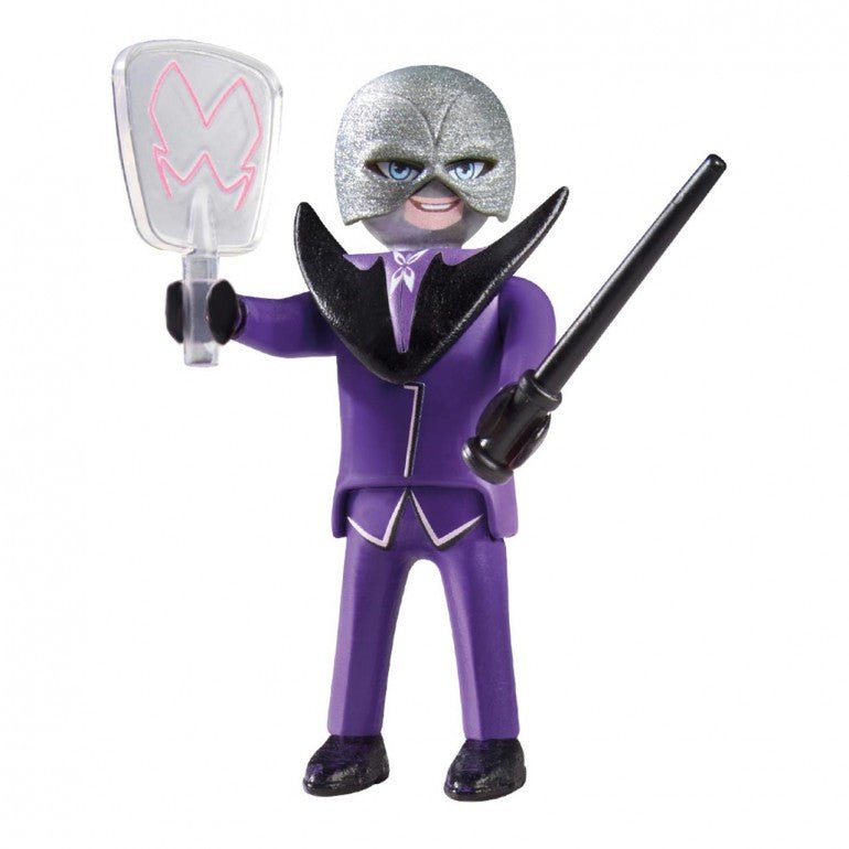 Purple masked villain figure with silver mask, holding trident-like weapon and clear piece