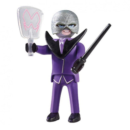 Purple masked villain figure with silver mask, holding trident-like weapon and clear piece