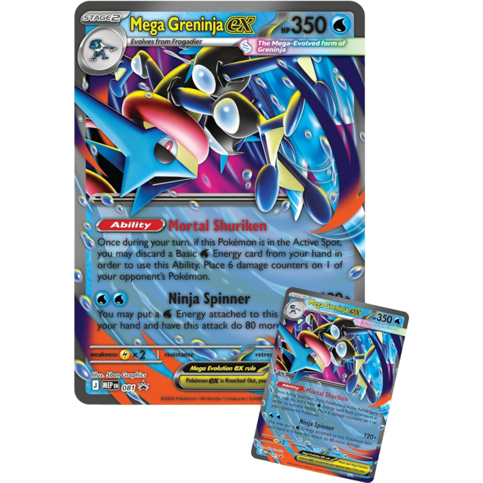 Pokemon trading card and booster pack from premium collection set featuring Mega Greninja EX