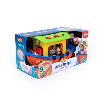 Noah's Ark toy boat in box, green roof and blue cabin with animal figurines