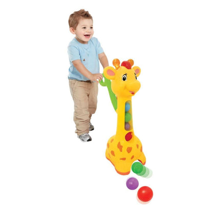 Giraffe pick-and-pop push toy with colorful side ball pockets