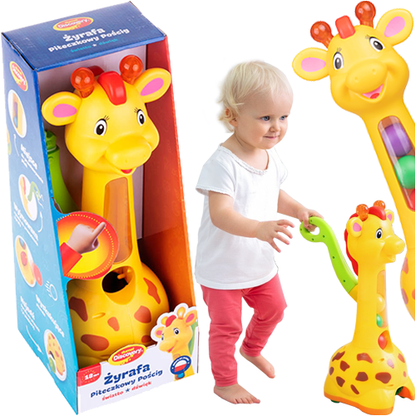 Giraffe pick-and-pop push toy in retail box with colorful ball pop pieces