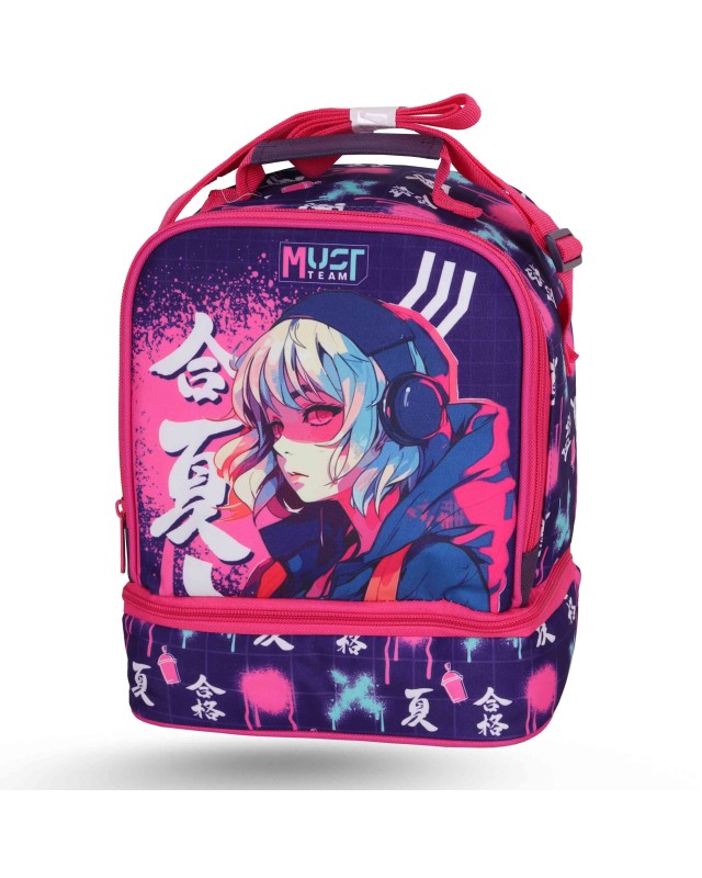 Insulated two-compartment lunch bag with anime character graphic, pink and dark blue