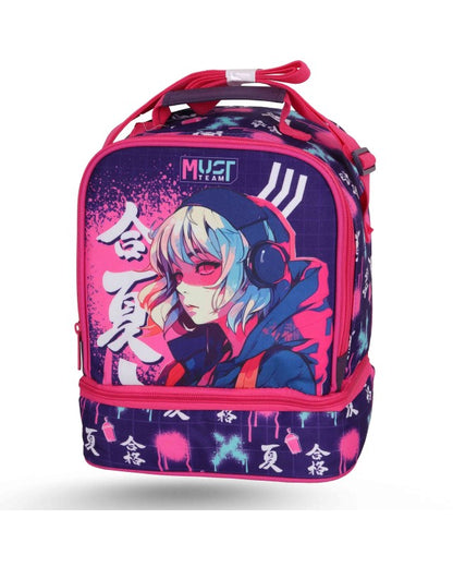 Insulated two-compartment lunch bag with anime character graphic, pink and dark blue